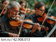 Orchestra with violins in the garden. Стоковое AI-изображение, AI-художник Анна Кривицкая / Фотобанк Лори