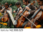 Orchestra with violins in the garden. Стоковое AI-изображение, AI-художник Анна Кривицкая / Фотобанк Лори