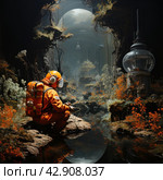 Astronaut in an orange spacesuit sitting on a stone near a pond in a mysterious forest. In the background rises a huge transparent dome, in which vague figures and structures are visible, reminiscent of the insides of an orbital station or biosphere. Around the astronaut there is a forest with exotic vegetation and strange creatures, creating the feeling of an alien world. Стоковое AI-изображение, AI-художник Анна Кривицкая / Фотобанк Лори