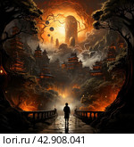 Fantastic landscape in oriental style. A man stands in the center of the frame, looking out at the grand view: a rising sun surrounded by planets and clouds against a backlit sky. Sunlit traditional oriental pagodas look mystical and sublime against the backdrop of high mountain peaks. Стоковое AI-изображение, AI-художник Анна Кривицкая / Фотобанк Лори