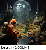 Astronaut in an orange spacesuit sitting on a stone near a pond in a mysterious forest. In the background rises a huge transparent dome, in which vague figures and structures are visible, reminiscent of the insides of an orbital station or biosphere. Around the astronaut there is a forest with exotic vegetation and strange creatures, creating the feeling of an alien world. Стоковое AI-изображение, AI-художник Анна Кривицкая / Фотобанк Лори