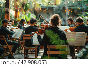 Orchestra with violins in the garden. Стоковое AI-изображение, AI-художник Анна Кривицкая / Фотобанк Лори