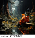 Astronaut in an orange spacesuit sitting on a stone near a pond in a mysterious forest. In the background rises a huge transparent dome, in which vague figures and structures are visible, reminiscent of the insides of an orbital station or biosphere. Around the astronaut there is a forest with exotic vegetation and strange creatures, creating the feeling of an alien world. Стоковое AI-изображение, AI-художник Анна Кривицкая / Фотобанк Лори