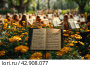 Orchestra with violins in the garden. Стоковое AI-изображение, AI-художник Анна Кривицкая / Фотобанк Лори