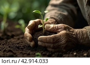 The banner. Close-up. Sprout. The hands of an elderly man are holding a young plant in the ground. Seedlings are planted in the soil. The concept of nature conservation and agriculture. Стоковое AI-изображение, AI-художник Photojuli / Фотобанк Лори