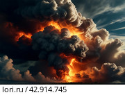 Fire hurricane cloudscape in ravages sky. Visual artwork of climate change-induced apocalypse and natural disaster. Global ecological apocalyptic concept. Gen ai illustration. Copy ad text space. Стоковое AI-изображение, AI-художник Aleksandr Golubev / Фотобанк Лори