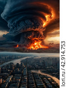 Fire hurricane cloudscape in ravages sky. Visual artwork of climate change-induced apocalypse and natural disaster. Global ecological apocalyptic concept. Gen ai illustration. Copy ad text space. Стоковое AI-изображение, AI-художник Aleksandr Golubev / Фотобанк Лори