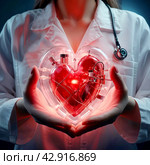 A cardiologist holds an artificial heart in his hands. Medical technologies and treatment for the diagnosis of diseases of the heart and cardiovascular system.Organ transplantation. Стоковое AI-изображение, AI-художник Photojuli / Фотобанк Лори