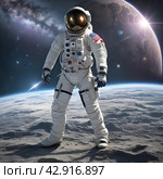Happy Cosmonautics Day. An astronaut wearing a spacesuit in outer space. A breathtaking view of the planet Earth. An image created with the help of artificial intelligence. Стоковое AI-изображение, AI-художник Photojuli / Фотобанк Лори
