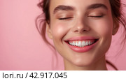 A closeup of a womans smiling mouth, nose, and eyelashes on a pink background. dental illustration. Стоковое AI-изображение, AI-художник Katsiaryna Repich / Фотобанк Лори