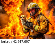A male firefighter in special equipment against a background of flames and clouds of black smoke. A rescuer on fire. A firefighter rescued a puppy from the fire. Стоковое AI-изображение, AI-художник Photojuli / Фотобанк Лори