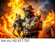 A male firefighter in special equipment against a background of flames and clouds of black smoke. A rescuer on fire. A firefighter rescued a ginger cat from the fire. Стоковое AI-изображение, AI-художник Photojuli / Фотобанк Лори
