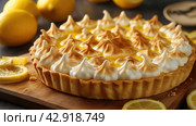 Меренговый пирог. A lemon meringue pie on a plate, a delicious baked goods option. Стоковое AI-изображение, AI-художник Katsiaryna Repich / Фотобанк Лори
