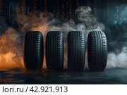 Автомобильные шины в темном дымном помещении, освещенные рисующим неоновым светом. Стоковое AI-изображение, AI-художник Максим Коломыченко / Фотобанк Лори
