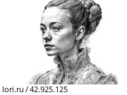 Black and white image of a woman in retro style, apparently from the Baroque or Rococo era. She wears a full dress with frills and a bow, indicating high social status in that era. Her hair is styled in a complex updo with curl. Стоковое AI-изображение, AI-художник Анна Кривицкая / Фотобанк Лори