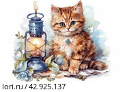 Cute kitten with big expressive eyes sitting next to a lantern. The warm light of the lantern creates a cozy atmosphere, and the kitten seems to smile mysteriously, framed by leaves, which gives the picture a charming and almost fairy-tale look. Стоковое AI-изображение, AI-художник Анна Кривицкая / Фотобанк Лори