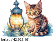 Cute kitten with big expressive eyes sitting next to a lantern. The warm light of the lantern creates a cozy atmosphere, and the kitten seems to smile mysteriously, framed by leaves, which gives the picture a charming and almost fairy-tale look. Стоковое AI-изображение, AI-художник Анна Кривицкая / Фотобанк Лори