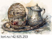 Picturesque still life composition in watery watercolor tones. In the center sits an antique tea mug with delicate patterns and intricate shapes, with the patina of time giving it an antique charm. Nearby is a wicker cage made from branches or vines that appears to have been handcrafted with love for the craft. Inside the cage there is a hint of a floral arrangement or a collection of various objects, creating an effect of fullness and richness of texture. Стоковое AI-изображение, AI-художник Анна Кривицкая / Фотобанк Лори