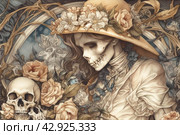Portrait in vanitas style, where a human skeleton in a hat is decorated with flowers. The subject matter evokes vanity and mortality, emphasizing the transitory nature of beauty and life. The painting is done in soft colors with high detail, creating a contrast between beauty and decay. Стоковое AI-изображение, AI-художник Анна Кривицкая / Фотобанк Лори