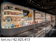 Interior interior of a modern cosmetics store with rows of neatly organized products displayed on illuminated shelves. The interior features clean lines, shiny marble floors with reflections and stylish lighting that creates a subdued atmosphere. The store appears spacious and empty, reinforcing the feeling of exclusivity and high quality of the products on offer. Стоковое AI-изображение, AI-художник Анна Кривицкая / Фотобанк Лори