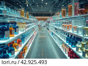 Interior interior of a modern cosmetics store with rows of neatly organized products displayed on illuminated shelves. The interior features clean lines, shiny marble floors with reflections and stylish lighting that creates a subdued atmosphere. The store appears spacious and empty, reinforcing the feeling of exclusivity and high quality of the products on offer. Стоковое AI-изображение, AI-художник Анна Кривицкая / Фотобанк Лори