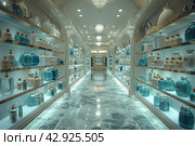 Interior interior of a modern cosmetics store with rows of neatly organized products displayed on illuminated shelves. The interior features clean lines, shiny marble floors with reflections and stylish lighting that creates a subdued atmosphere. The store appears spacious and empty, reinforcing the feeling of exclusivity and high quality of the products on offer. Стоковое AI-изображение, AI-художник Анна Кривицкая / Фотобанк Лори