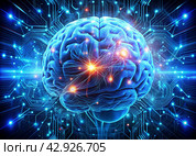 Digital technologies of the future. Artificial intelligence. The brain and digital codes on a virtual screen. The image was created using artificial intelligence. Стоковое AI-изображение, AI-художник Photojuli / Фотобанк Лори