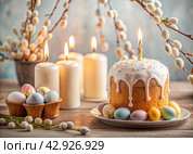 Orthodox Easter. Easter cake, painted eggs, icons, faces of saints, flowers, church candles and Easter decor on a wooden table in an old village house. Стоковое AI-изображение, AI-художник Photojuli / Фотобанк Лори