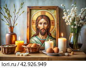Orthodox Easter. Easter cake, painted eggs, icons, faces of saints, flowers, church candles and Easter decor on a wooden table in an old village house. Стоковое AI-изображение, AI-художник Photojuli / Фотобанк Лори