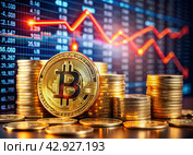 Cryptocurrency. Gold coins are bitcoins with the exchange rate on the virtual screen. The fall of Bitcoin. The red arrow points down. An image created with the help of artificial intelligence. Стоковое AI-изображение, AI-художник Photojuli / Фотобанк Лори