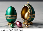 Russian jewelry souvenir, easter eggs copy of Faberge, unique impressive collection of jewelry, made by famous russian jewelers. Copy space. Стоковое AI-изображение, AI-художник Aleksandr Golubev / Фотобанк Лори
