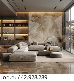 Modern living area with designer furniture and stylish interior. The room is decorated in warm, neutral colors, with beige and brown shades predominating. The floor and one of the walls are lined with marble with characteristic inclusions. Стоковое AI-изображение, AI-художник Анна Кривицкая / Фотобанк Лори