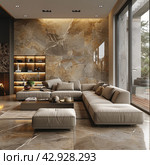 Modern living area with designer furniture and stylish interior. The room is decorated in warm, neutral colors, with beige and brown shades predominating. The floor and one of the walls are lined with marble with characteristic inclusions. Стоковое AI-изображение, AI-художник Анна Кривицкая / Фотобанк Лори
