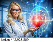Medicine a young beautiful girl is a cardiologist with glasses in an office with a stethoscope. Red numeric codes in the form of a heart rhythm on a virtual screen. Digital technologies of the future. Стоковое AI-изображение, AI-художник Photojuli / Фотобанк Лори