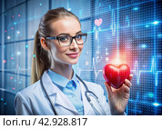 Medicine a young beautiful girl is a cardiologist with glasses in an office with a stethoscope. Red numeric codes in the form of a heart rhythm on a virtual screen. Digital technologies of the future. Стоковое AI-изображение, AI-художник Photojuli / Фотобанк Лори