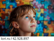 A child with autism spectrum disorders (ASD) such as Asperger's, Rhett and Heller. Стоковое AI-изображение, AI-художник Ирина Ручушкина / Фотобанк Лори