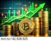 Cryptocurrency. Gold coins are bitcoins with the exchange rate on the virtual screen. The growth of Bitcoin. The green arrow points up. An image created with the help of artificial intelligence. Стоковое AI-изображение, AI-художник Photojuli / Фотобанк Лори