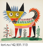 An abstract, vibrant and cartoonish drawing of a wolf with incongruous body sizes and shapes. The dog's head is depicted with large, multi-colored and asymmetrical eyes. Стоковое AI-изображение, AI-художник Анна Кривицкая / Фотобанк Лори