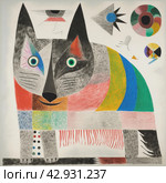 An abstract, vibrant and cartoonish drawing of a wolf with incongruous body sizes and shapes. The dog's head is depicted with large, multi-colored and asymmetrical eyes. Стоковое AI-изображение, AI-художник Анна Кривицкая / Фотобанк Лори