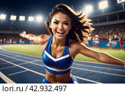Cheerleaders at stadium. Portrait of beautiful young sportswoman in sportswear on stadium. Стоковое AI-изображение, AI-художник Tae Mi / Фотобанк Лори