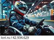 male racer in a helmet driving a go-kart on an indoor track close-up. Стоковое AI-изображение, AI-художник Александр Довянский / Фотобанк Лори