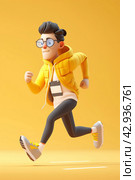3d male runner in glasses isolated on yellow background. Marathon athlete. Vertical layout. For sports and race. Стоковое AI-изображение, AI-художник Катерина Ковалева / Фотобанк Лори