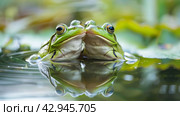 Two frogs kissing each other in the water with leaves, AI. Стоковое AI-изображение, AI-художник Сергей Старуш / Фотобанк Лори