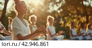 Woman meditating in the park. Стоковое AI-изображение, AI-художник Ярославский Максим / Фотобанк Лори
