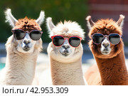 Comical Alpacas close up in a cozy farmyard, wearing sunglasses. Стоковое AI-изображение, AI-художник Александр Довянский / Фотобанк Лори
