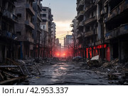 The aftermath of the bombing in the city of israel reveals a haunting scene of devastationThe once vibrant streets are now filled with rubble and charred remnants of buildingsThe destruction is overwhelming, as entire structures have been reduced to mere. Стоковое AI-изображение, AI-художник Александр Довянский / Фотобанк Лори
