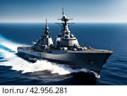 Battleship warship corvette sailing in blue open sea. Military ship floats at skyline scenery, military control of sea. Protection of water state borders. Naval forces army concept. Copy ad text space. Стоковое AI-изображение, AI-художник Aleksandr Golubev / Фотобанк Лори
