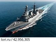 Aerial top view of modern warship sailing in still water at blue sky, mission military control of sea. Battleship on protection of water state borders. Naval forces army concept. Copy ad text space. Стоковое AI-изображение, AI-художник Aleksandr Golubev / Фотобанк Лори