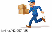 Male Courier Hold Cardboard and Jumping. Стоковое AI-изображение, AI-художник Ярославский Максим / Фотобанк Лори