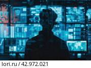 Person silhouette against glowing digital backdrop. Male standing on a flow of data showing cyber threats, vulnerabilities. VR environment screens displaying coding. AI Artificial Intelligence concept. Стоковое AI-изображение, AI-художник Марина Демидюк / Фотобанк Лори